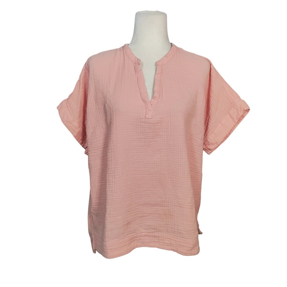 LL Bean Pink Gauze Top Cotton Split Neck Coastal Beachy Vacation Plus Size 1X